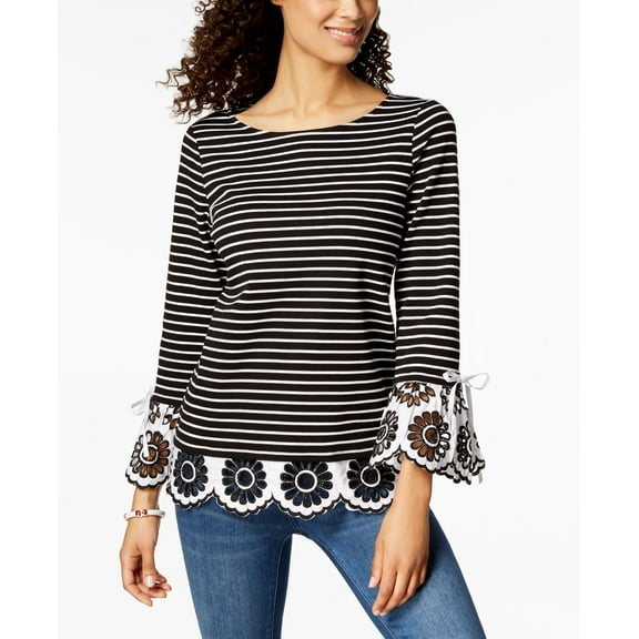 Charter Club Striped Eyelet Contrast Top Deep Black Combo XXL
