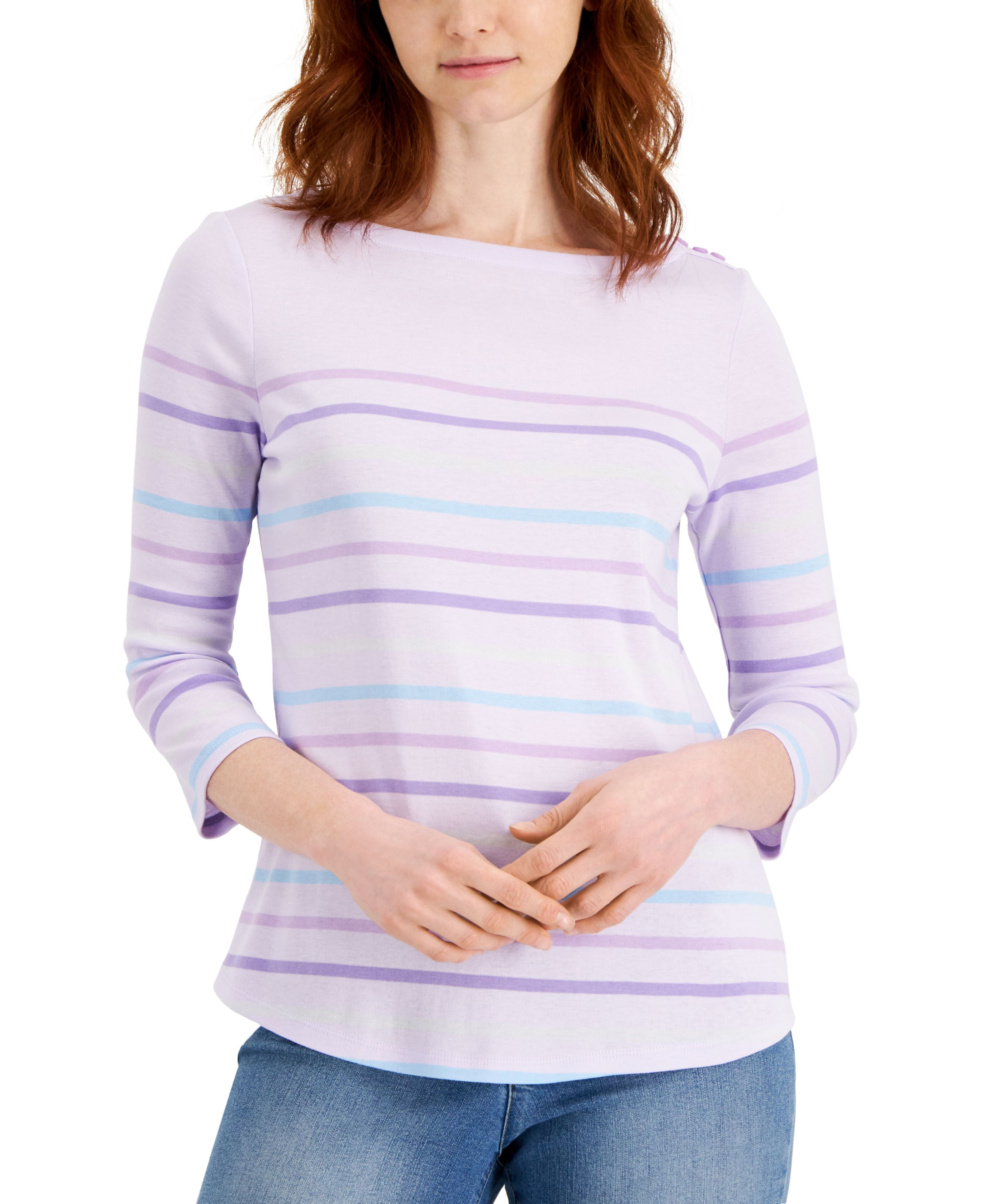 Stripped Button Up Boat Neck Full Sleeve Top main image 1
