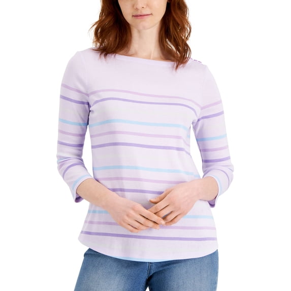 Charter Club Striped Knit 3/4 Sleeve Boat Neck Top Freesia Dusk Combo Stripe XS