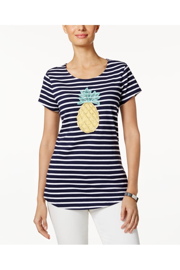Striped Pineapple Graphic Top Womens XS Petite Blue MSRP $54