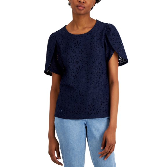 Charter Club Textured Tulip Sleeve Top Intrepid Blue S