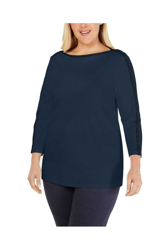 Womens Athletic Trim Pullover Blouse, Blue, Plus Size, 0X