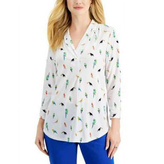 Charter Club Womens Printed Pleat Neck Top Bright White Combo M