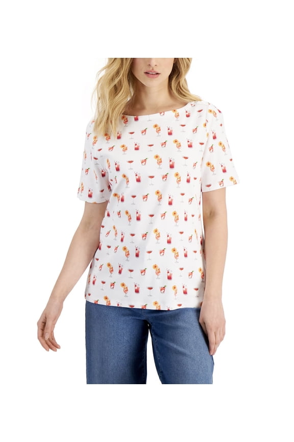 Womens Boat Neckline Short Sleeve Cotton Printed Top Bright White 2XL