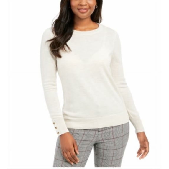 Charter Club Women's Button Cuff Crewneck Sweater White Size S