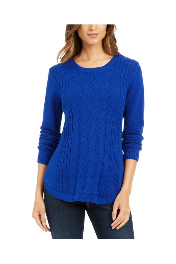 Women's Cable Crew Neck Long Sleeve Sweater Modern Blue Size XS