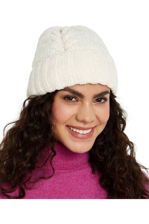 Women's Chenille Cable Knit Beanie (Ivory, OS)