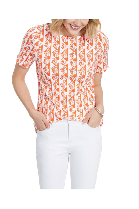 Women's Cotton Printed Boat Neck Top Orange Size Medium