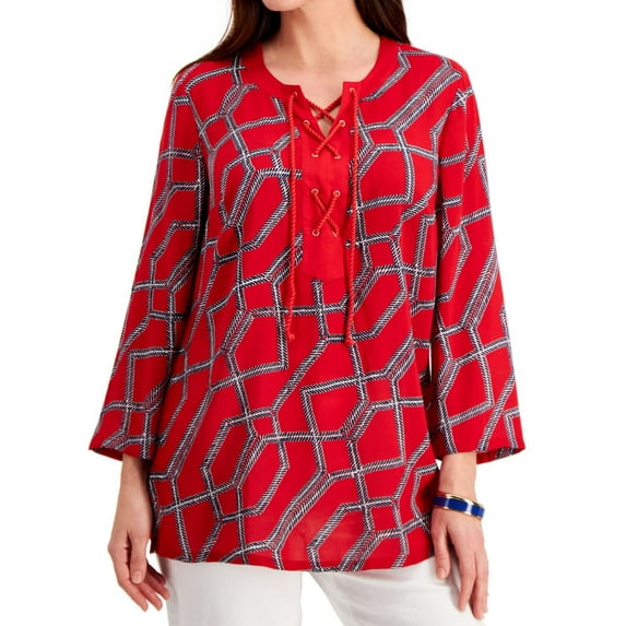 Charter Club Women's Cotton Printed Lace Up Tunic Red Size Large