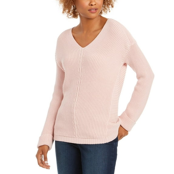 Charter Club Women's Cotton Textured V Neck Sweater Pink Size XX-Large