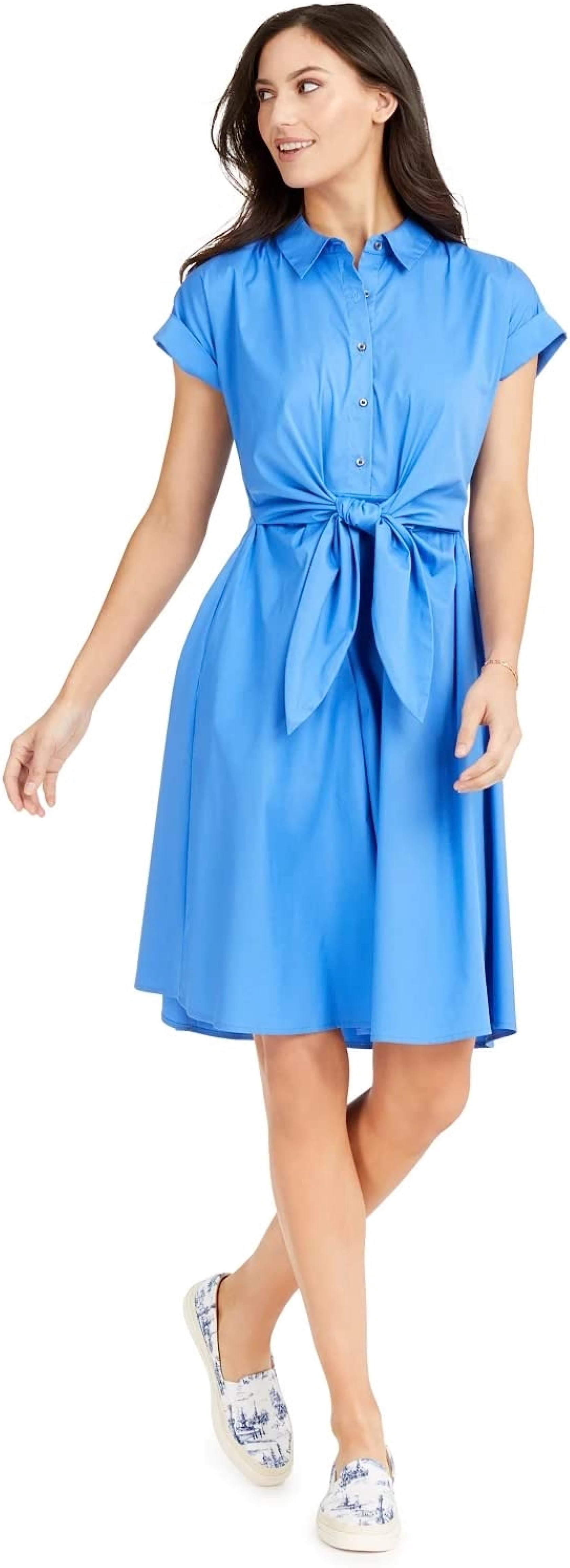 Charter Club Women's Cotton Tie Waist Fit & Flare Dress Blue Size 10 -  Walmart.com
