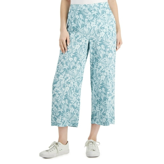 Charter Club Womens Floral Cropped Wide-Leg Pants Teal Combo L