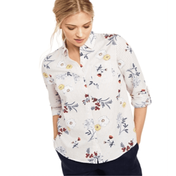 Charter Club Women's Floral Print Button Down Linen Shirt Red Size X-Large