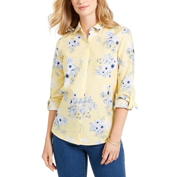Charter Club Women's Floral Print Linen Blend Shirt Yellow Size Medium