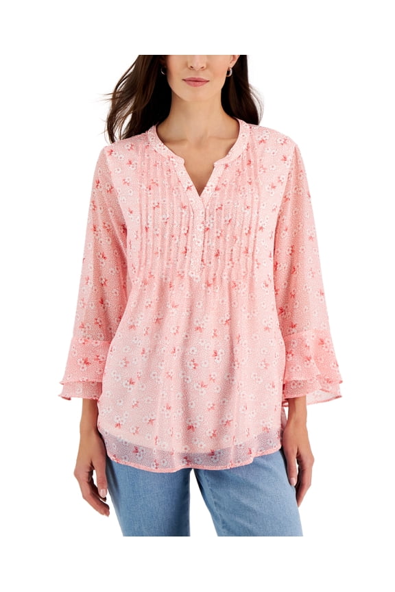 Women's Floral Print Pintuck Top Red Size XX-Large