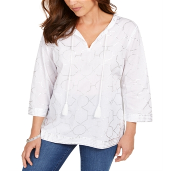 Charter Club Women's Foil Print Linen Top White Size Small