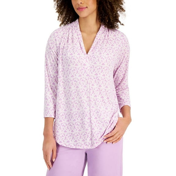 Charter Club Women's Lace Print 3/4 Sleeve Top Purple Size X-Large