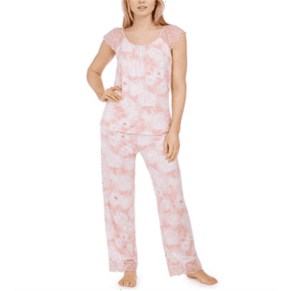 Charter Club Women's Lace Trim Floral Print Pajama Set Pink Size Large