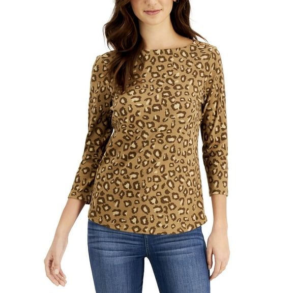 Charter Club Women's Leopard-Print Boat-Neck Top Salty Nut Combo Size S