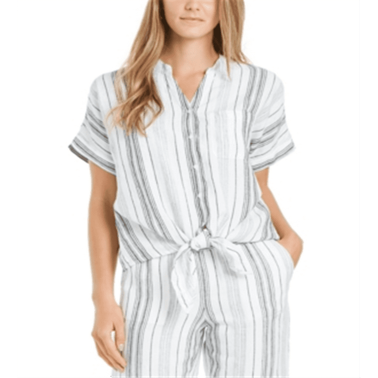 Charter Club Women s Linen Striped Tie Top White Size X Lage