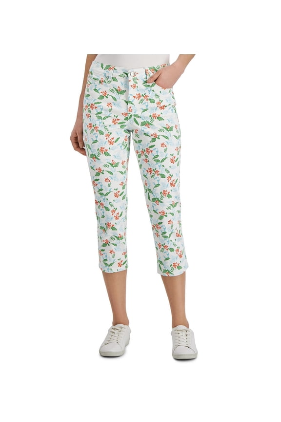 Women's Mid Rise Tropical Toucan Capri Pants Bright White (Bright White, 4)