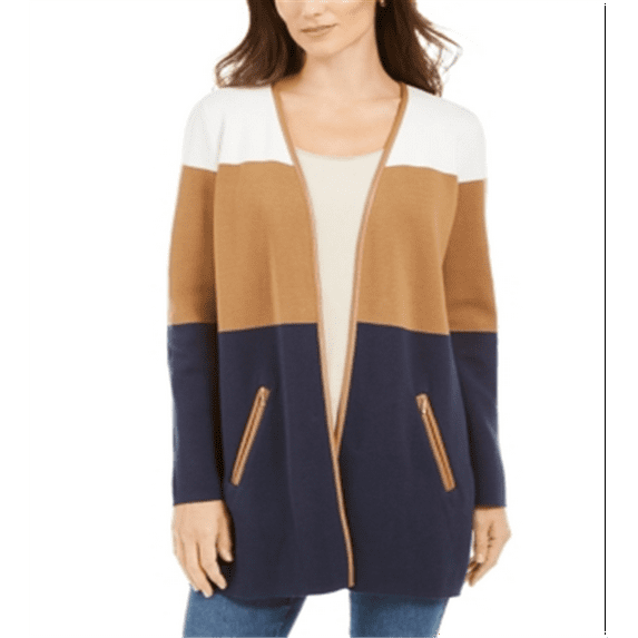 Charter Club Women's Milano Colorblocked Cotton Completer Sweater Blue Size Petite Small