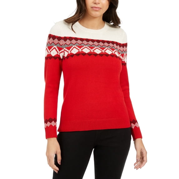 Charter Club Women's Petite Colorblocked Fair Isle Sweater Red -PL