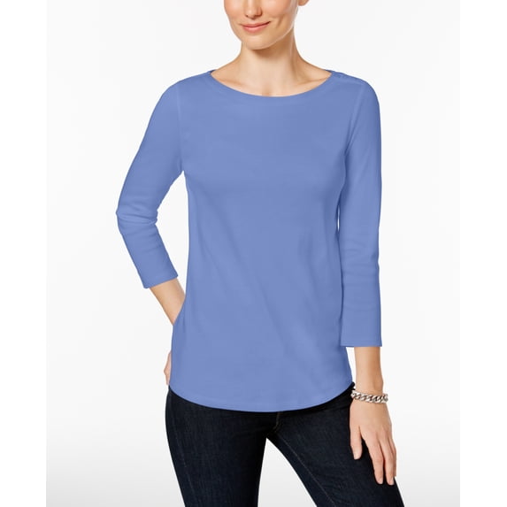 Charter Club Women's Petite Pima Cotton Button-Shoulder Top Blue Size -Petite L