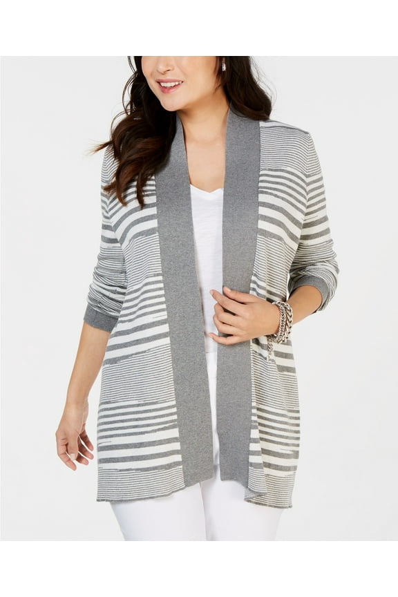 Women's Petite Striped Sweater Cardigan Grey Size Small