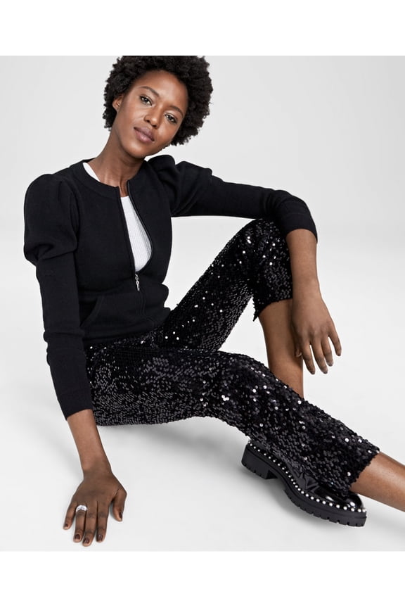 Women's Petites Puff-Sleeve Zip-Up Sweater Classic Black Size PXL