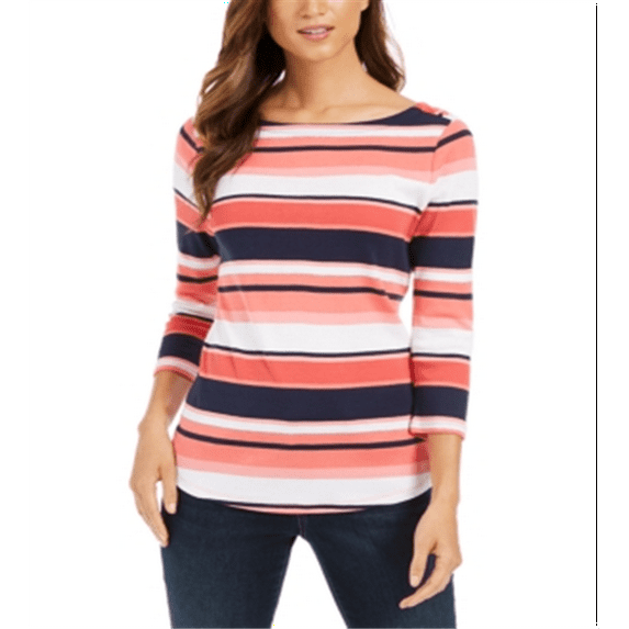 Charter Club Women's Pima Cotton Button Shoulder Stripe Top Coral Size L