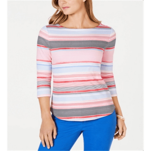Charter Club Women's Pima Cotton Button Shoulder Stripe Top Pink Size X-Large
