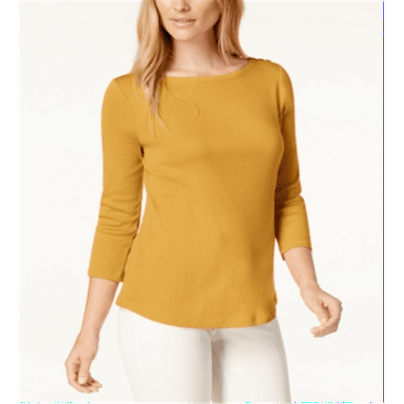 Charter Club Women's Pima Cotton Button Shoulder Top Honey Glaze Size Petite S