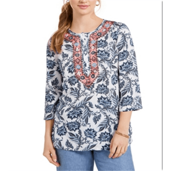 Charter Club Women's Printed Embroidered Tunic White Size Small