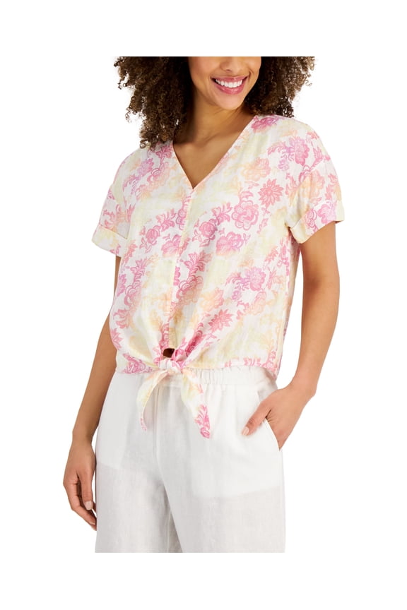 Women's Printed Woven Tie-Front Top