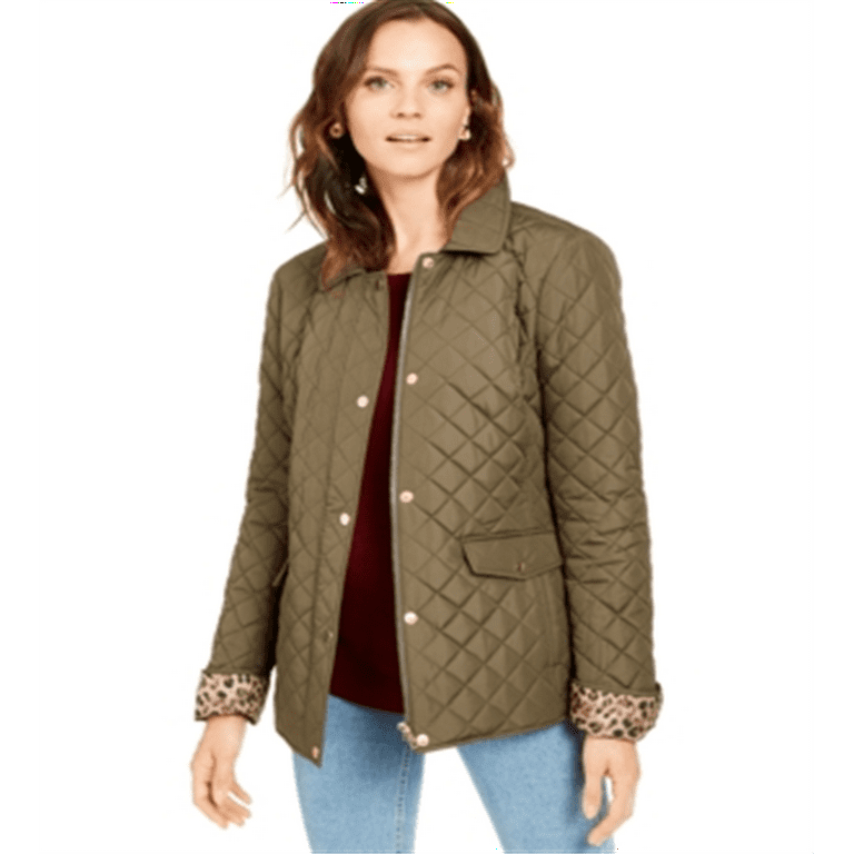 Charter Club Women s Quilted Leopard Print Trim Hooded Jacket Green Size X Large