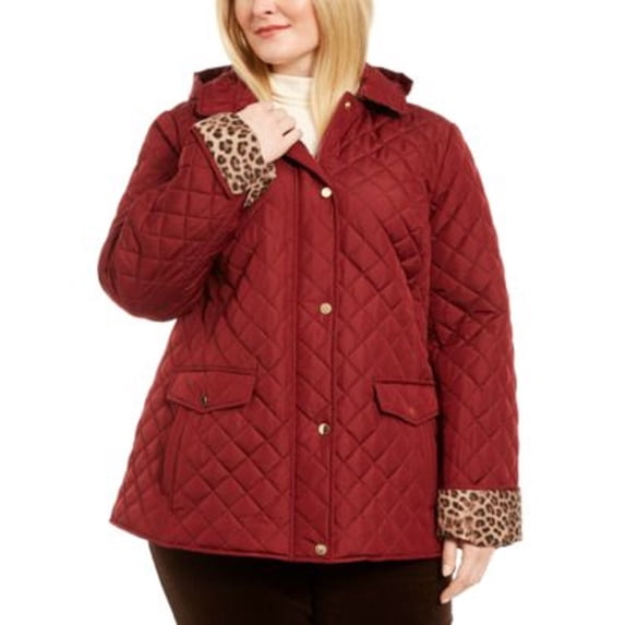 Charter Club Women's Quilted Leopard-Print-Trim Hooded Jacket Wine Size Medium