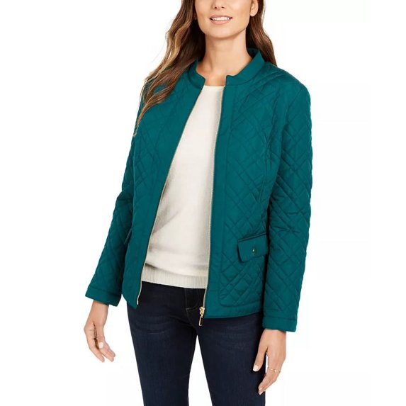 Charter Club Women's Quilted Mandarin-Collar Jacket Green Size X-Small