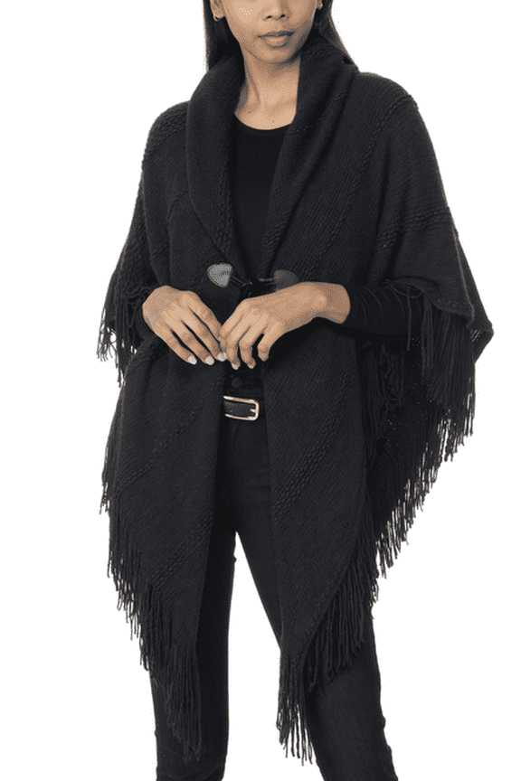 Women's Raschel-Knit Toggle Poncho Wrap