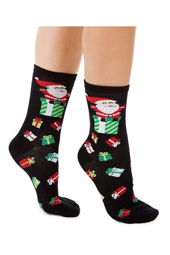 Women's Santa Presents Crew Socks, Black, One Size