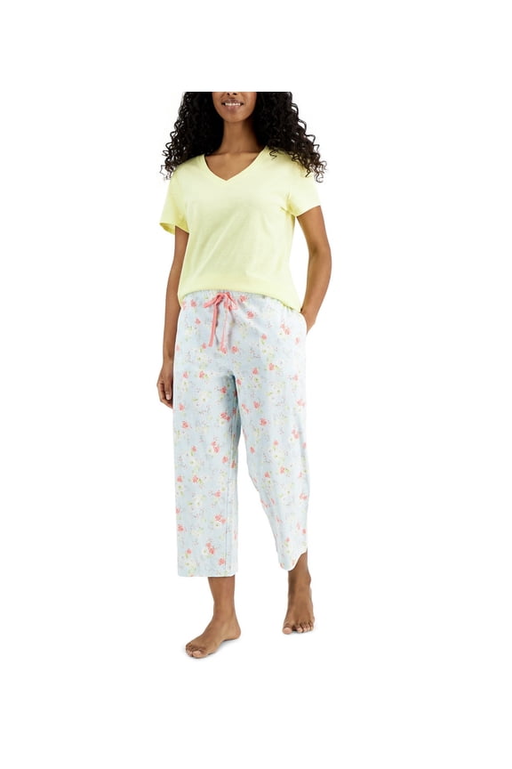 Women's Short Sleeve Everyday Cotton V-Neck Pajama T-Shirt (Pale Lemonade, S)