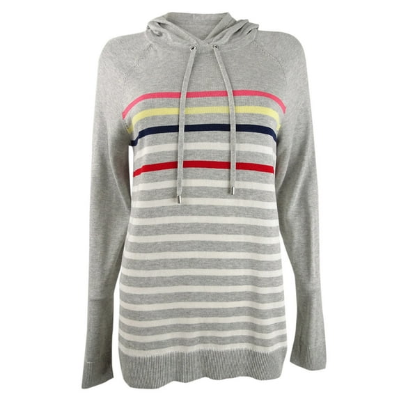 Charter Club Women's Striped Hooded Sweater (L, Silver Tin Combo)