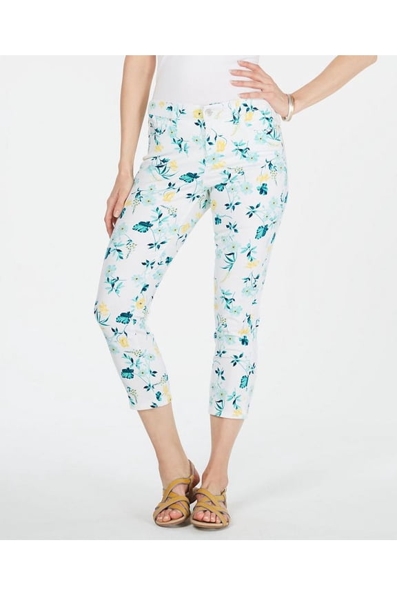 Women's Tummy-Control Floral Capri Jeans Blue Size 8 Petite