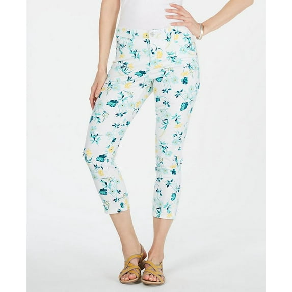 Charter Club Women's Tummy-Control Floral Capri Jeans Blue Size 8 Petite