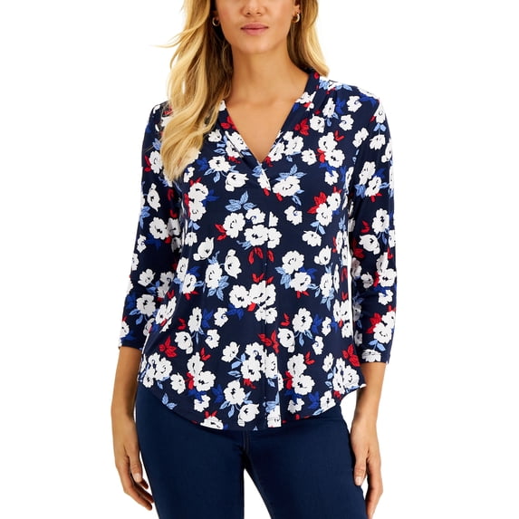 Charter Club Womens 3/4 Sleeve Floral Print Top Intrepid Blue Combo S