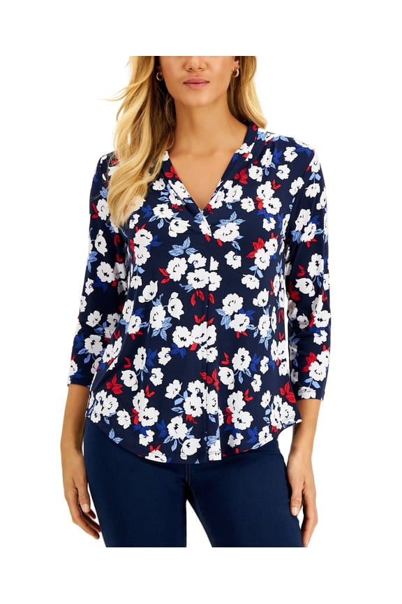 Womens 3/4 Sleeve Floral Print Top Intrepid Blue Combo XS