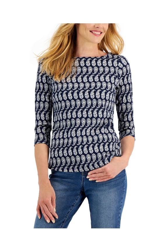 Womens 3/4 Sleeve Paisley Print Top Intrepid Blue Combo S