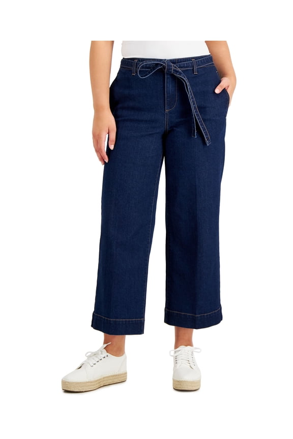 Womens Belted Wide Leg Cropped Jeans Rivera Wash 4