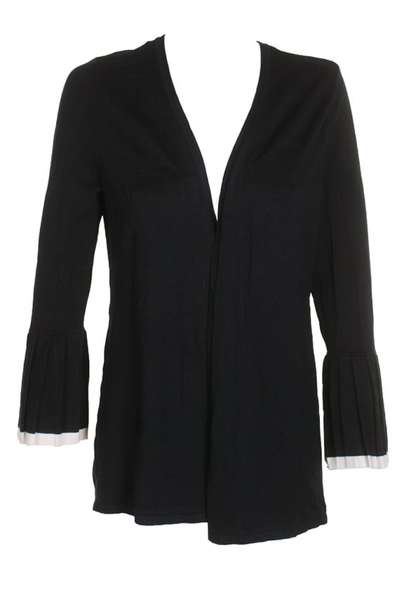 Womens Black White Trim Pleated Bell-Sleeve Open Front Cardigan S