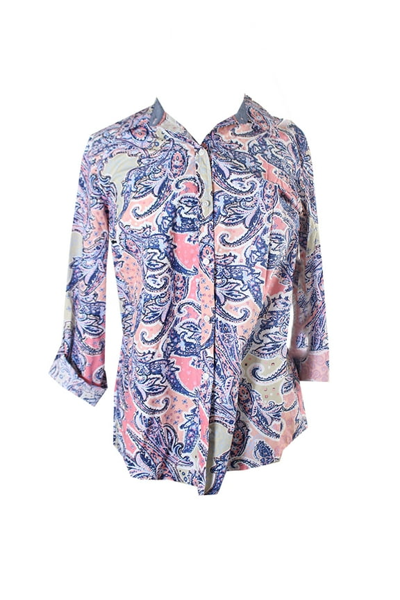 Womens Blue Blush Combo Roll-Tab Printed Blouse 6